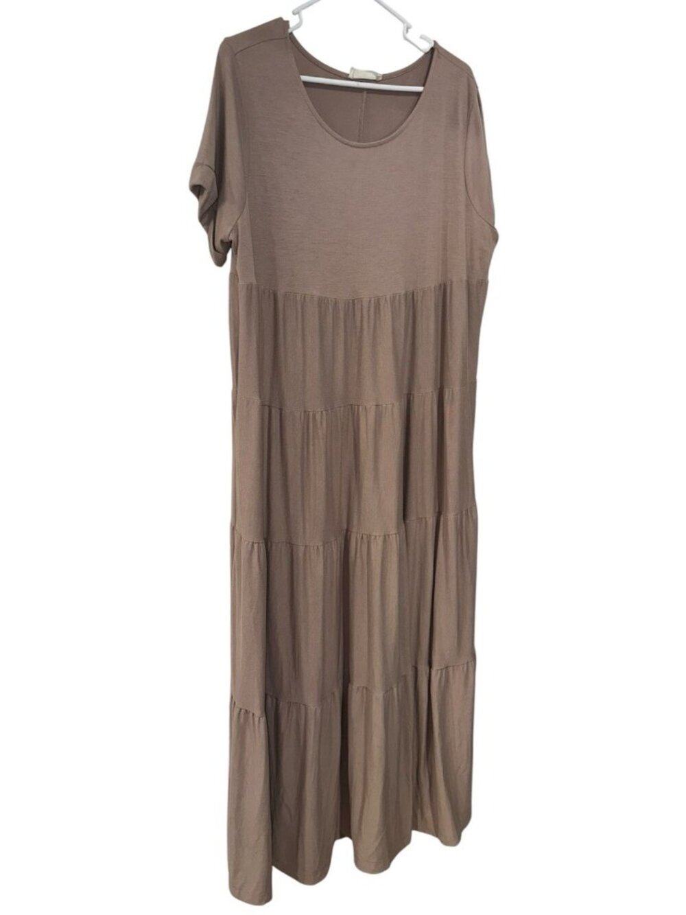 Zenana Women's Plus 2X Beige Solid Tiered Maxi Dress S/S Boho Minimalist